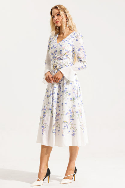 V-neck Long Sleeve Midi Dress With Belt