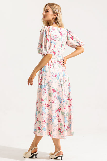 V-neck Puff Sleeve Midi Dress With Belt