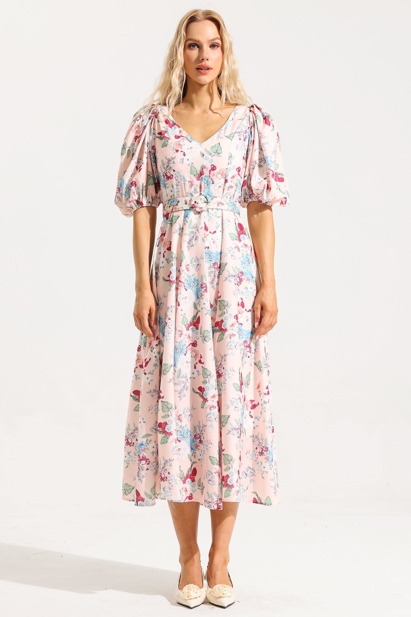 V-neck Puff Sleeve Midi Dress With Belt
