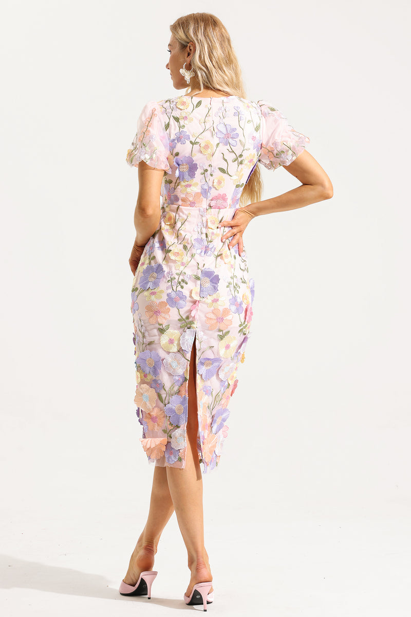 Embroidered V-neck Puff Sleeve Midi Dress