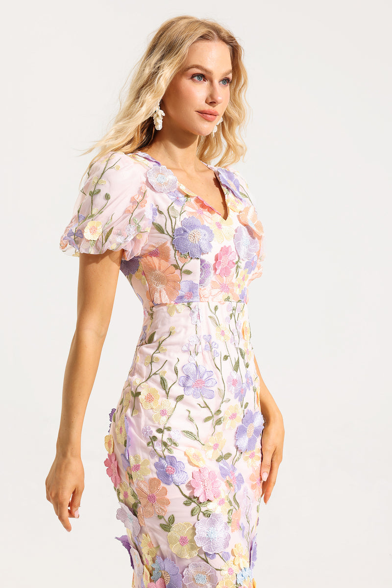Embroidered V-neck Puff Sleeve Midi Dress