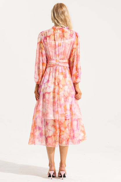 Abstract Print Frill Long Sleeve Midi Dress