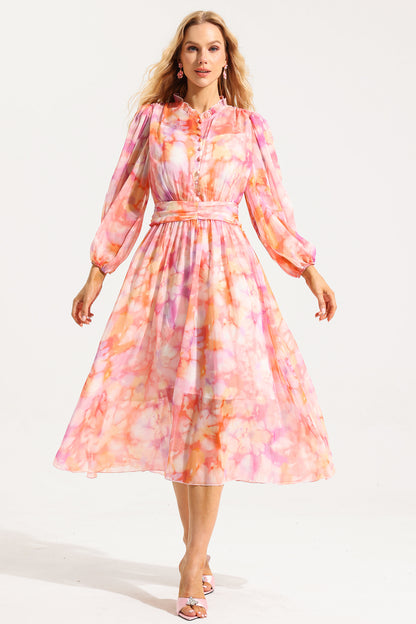Abstract Print Frill Long Sleeve Midi Dress
