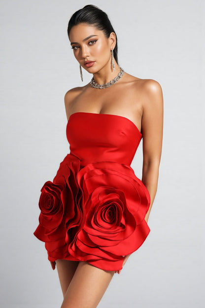 Quinna Red Strapless 3d Flower Mini Dress