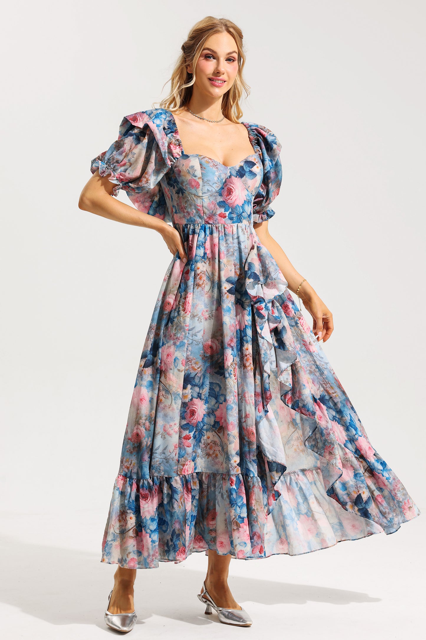 Frill Puff Sleeve Sweetheart Neck Maxi Dress