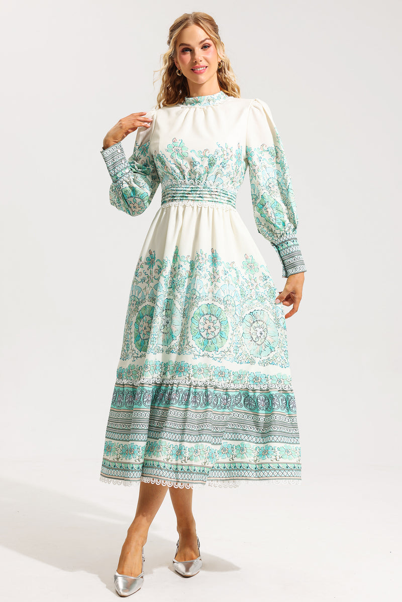 Lantern Sleeve Pleated Midi Dress