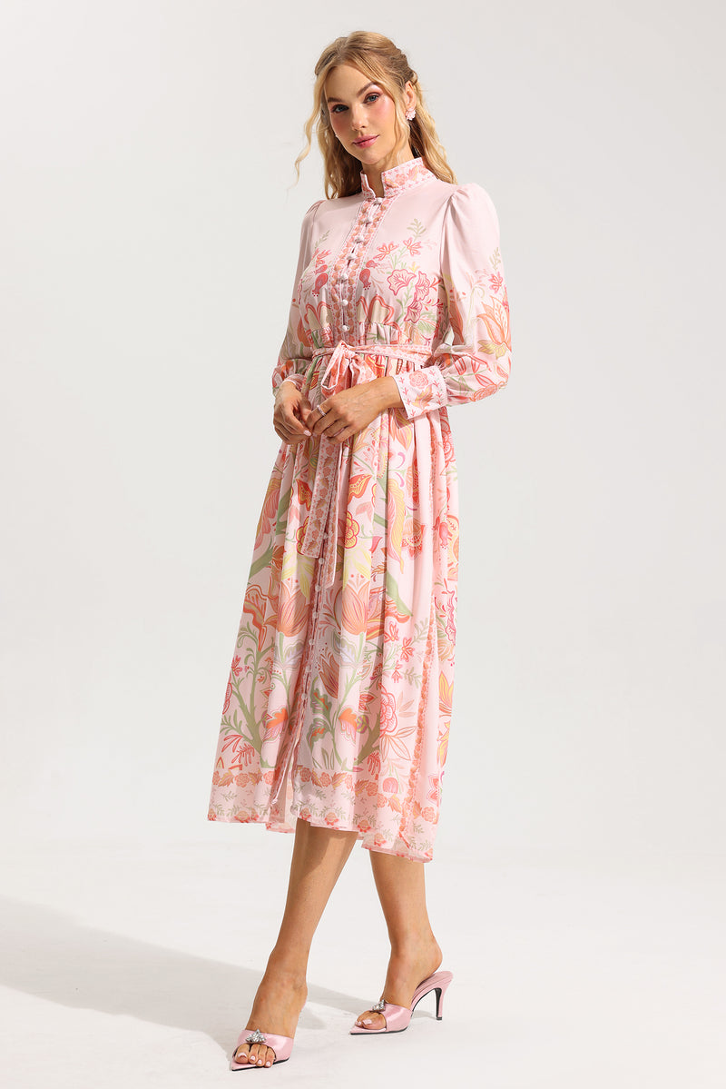 Bottom Lantern Sleeve Midi Dress With Belt