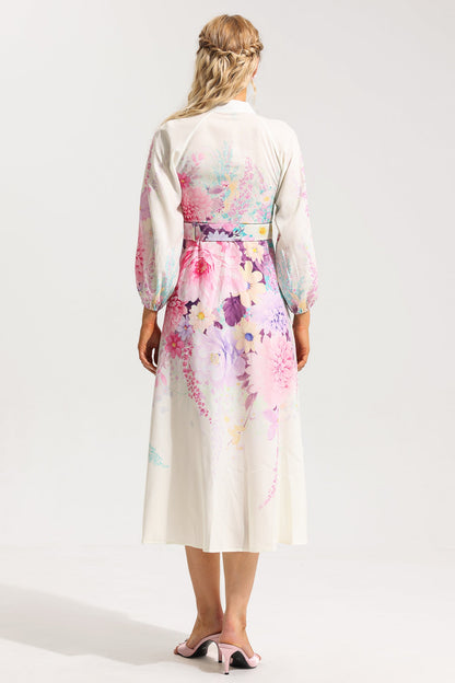 Bottom Lantern Sleeve Midi Dress With Belt