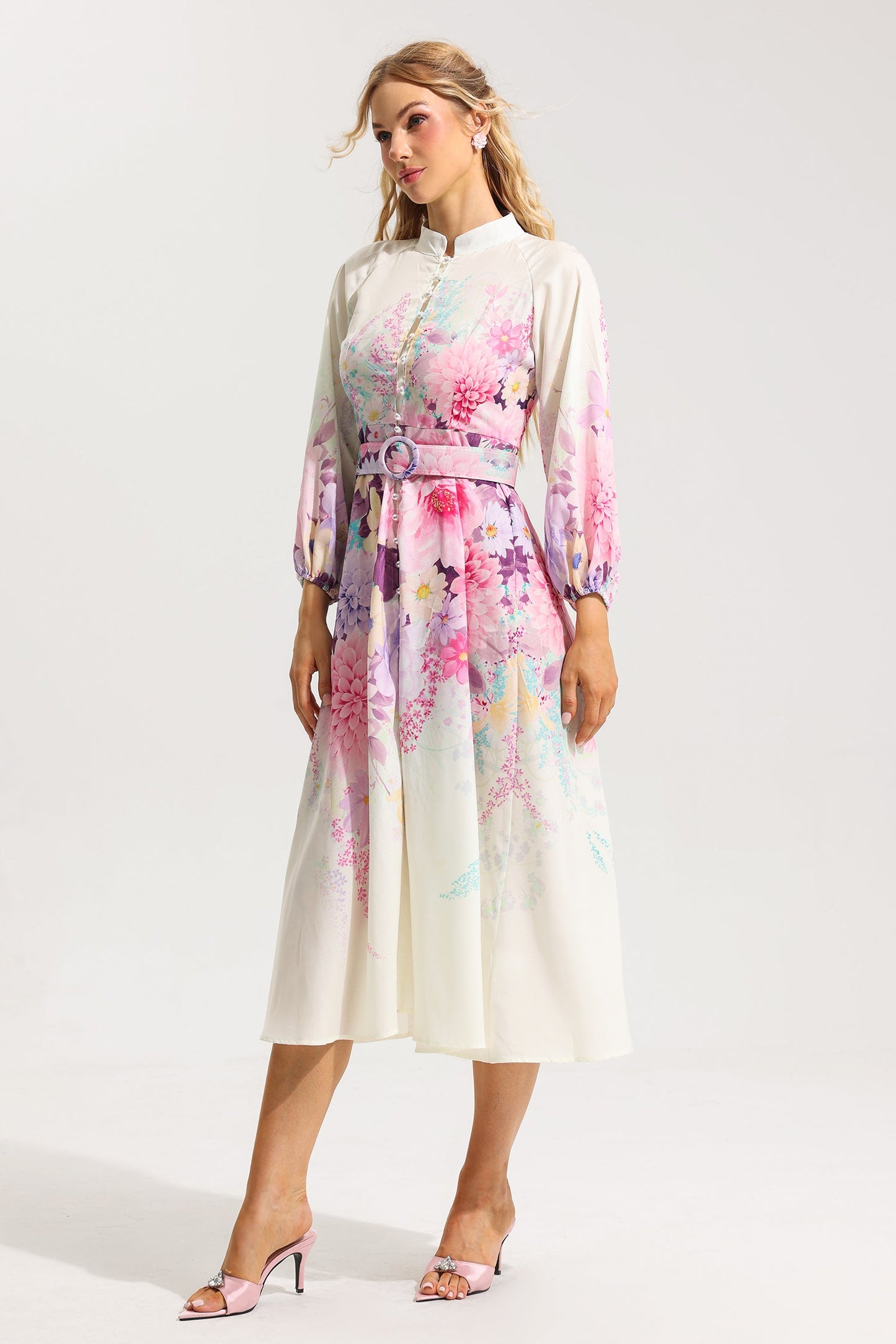 Bottom Lantern Sleeve Midi Dress With Belt
