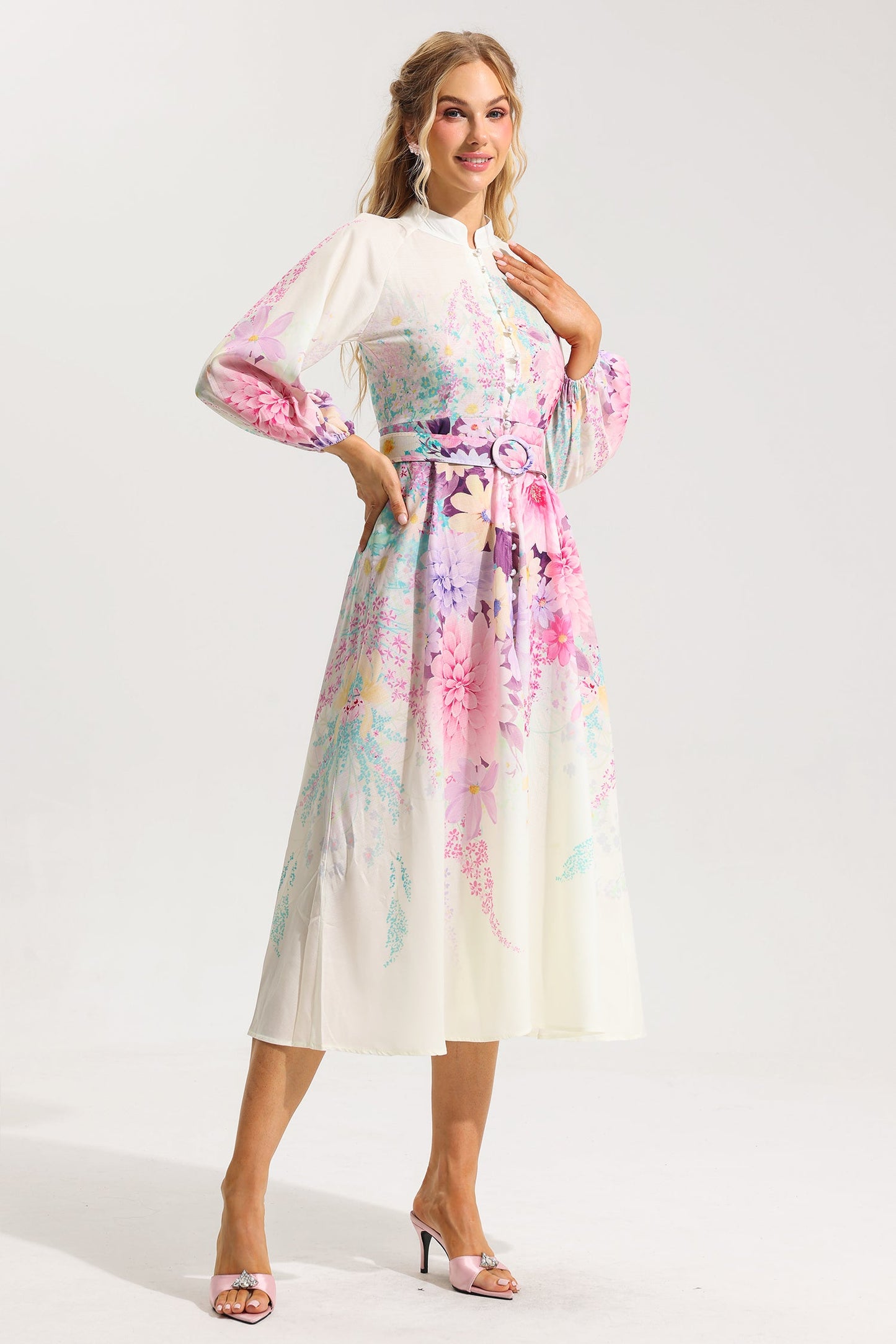 Bottom Lantern Sleeve Midi Dress With Belt