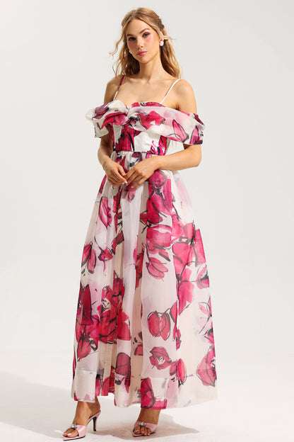 Off-shoulder Pleated Midi Dress
