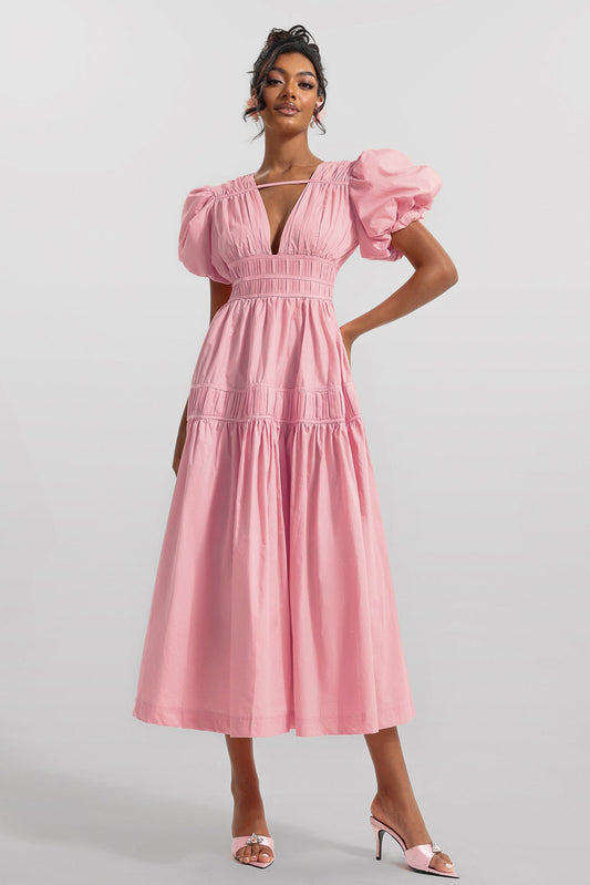 V-neck Puff Sleeve Midi Dress