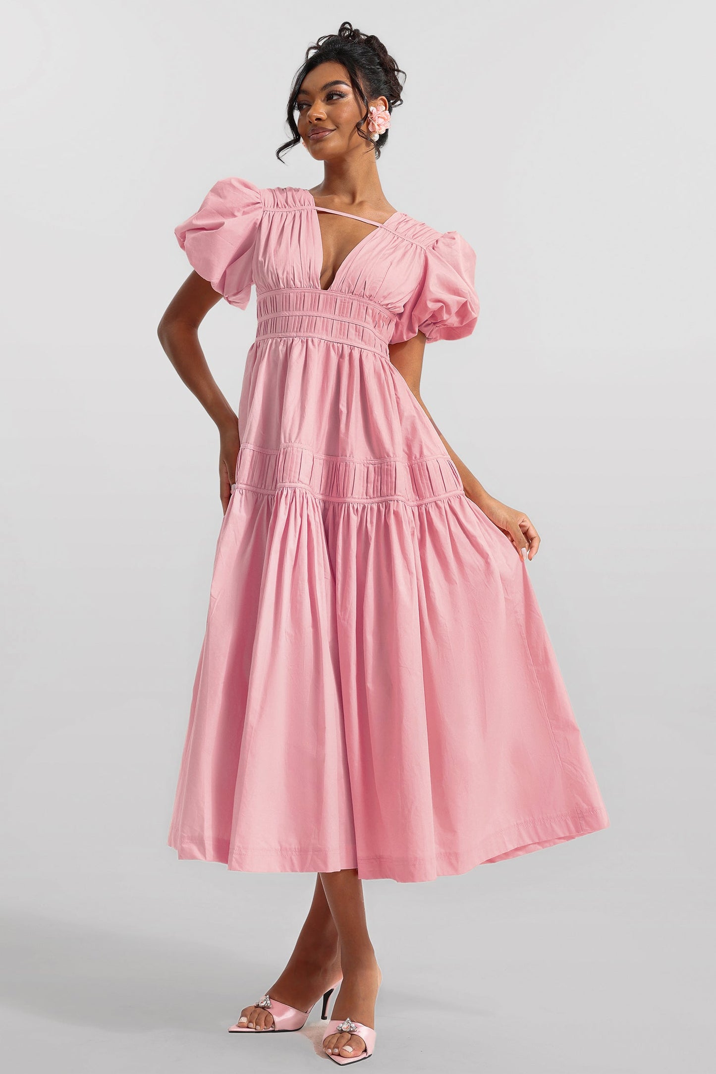 V-neck Puff Sleeve Midi Dress