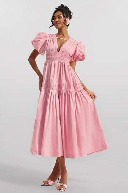 V-neck Puff Sleeve Midi Dress