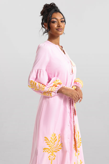 Embroidered Button Long Sleeve Midi Dress With Belt