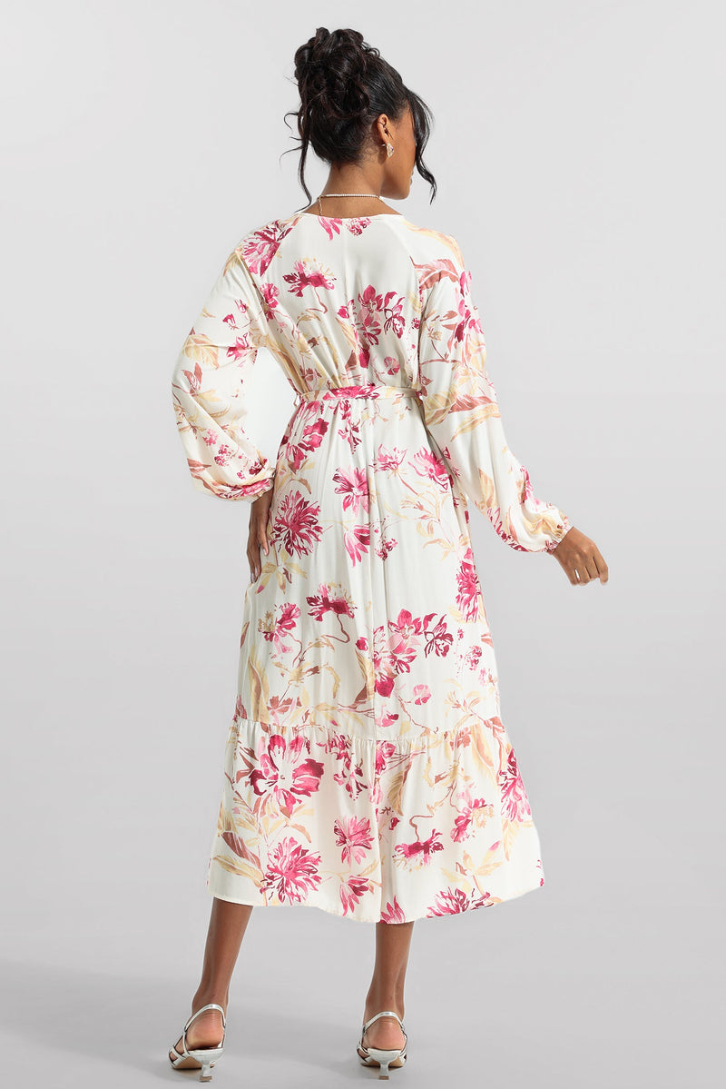V-neck Long Sleeve Midi Dress With Belt