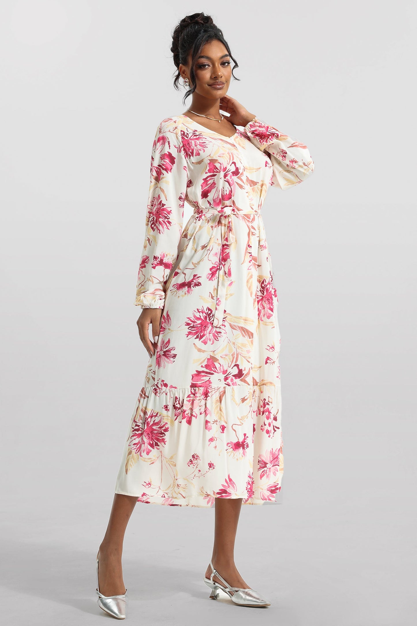 V-neck Long Sleeve Midi Dress With Belt