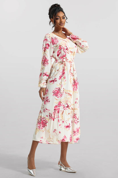 V-neck Long Sleeve Midi Dress With Belt