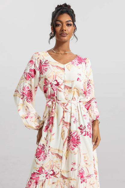 V-neck Long Sleeve Midi Dress With Belt