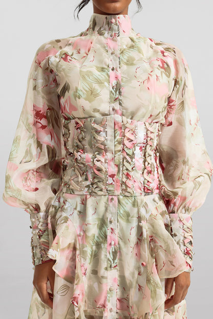 Printed Lantern Sleeve Stand Collar Mesh Midi Dress
