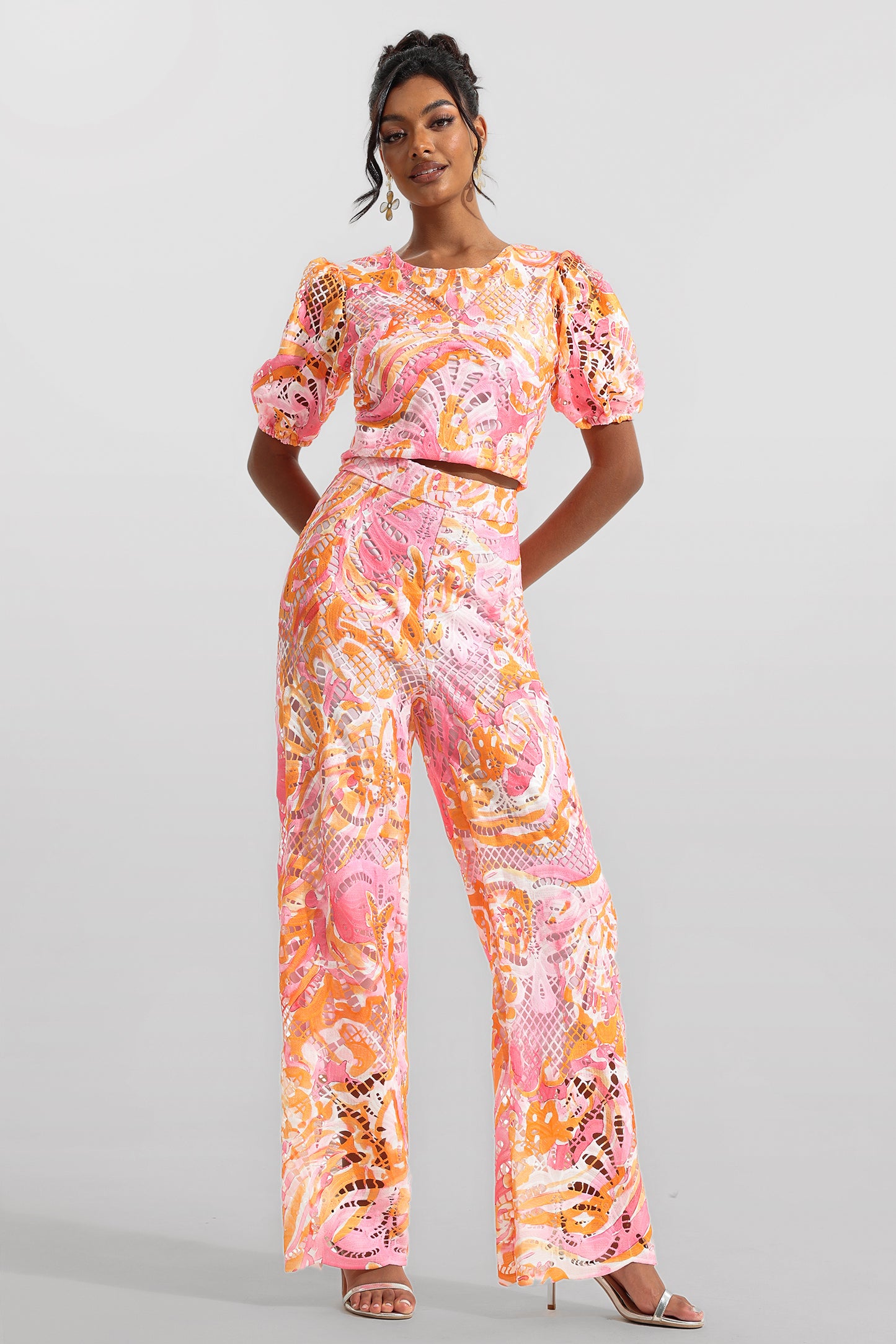 Lace Round Neck Mid Sleeve Top & Hight Waist Pants