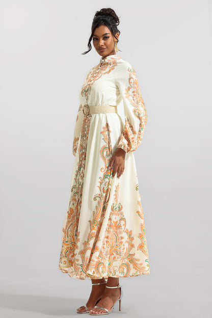 Paisley Print Lantern Sleeve Midi Dress