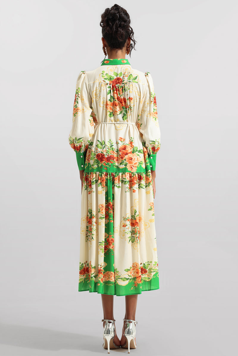 Lantern Sleeve Bottom Midi Dress With Belt