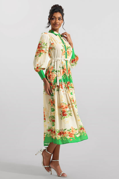Lantern Sleeve Bottom Midi Dress With Belt