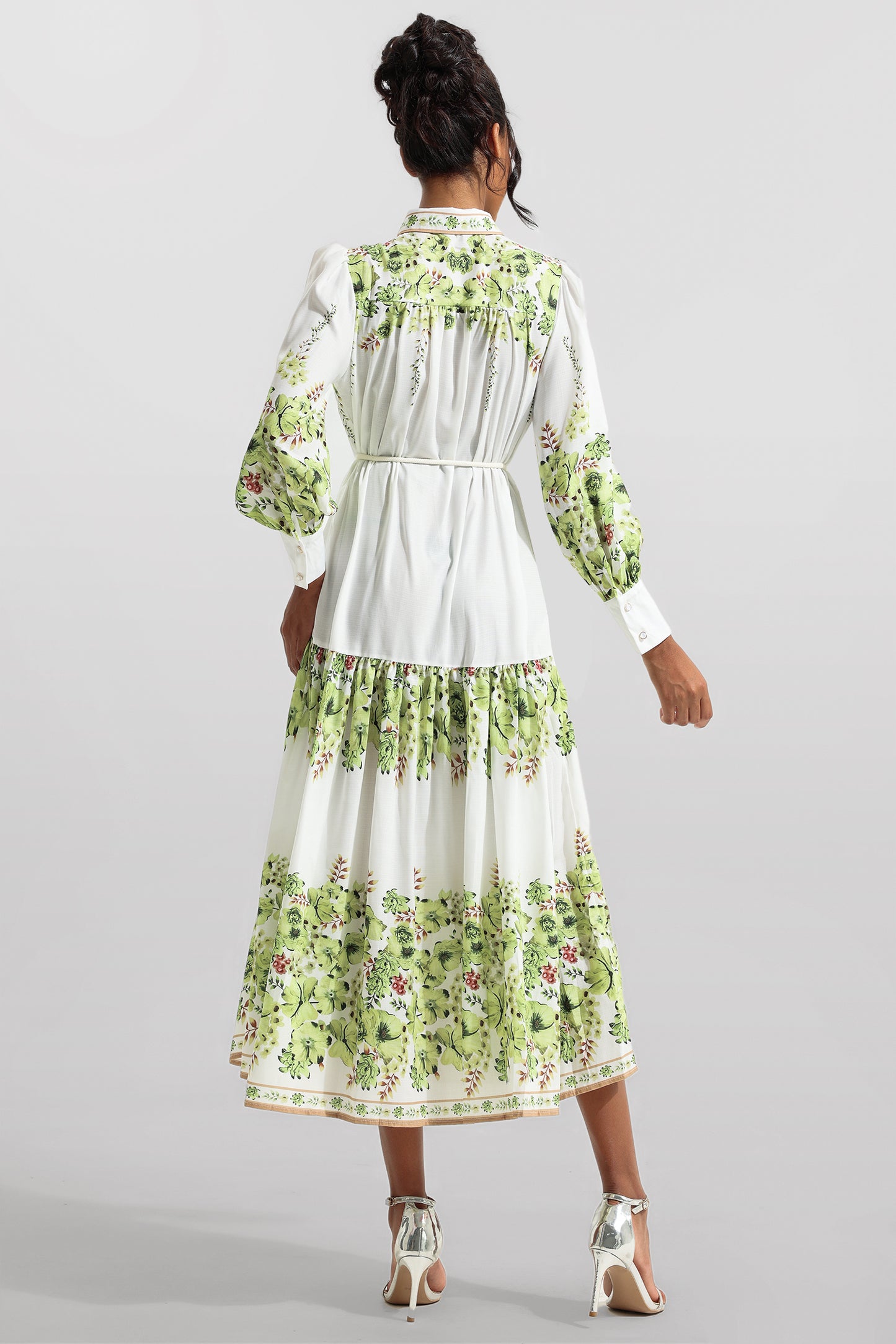 Lantern Sleeve Bottom Midi Dress With Belt