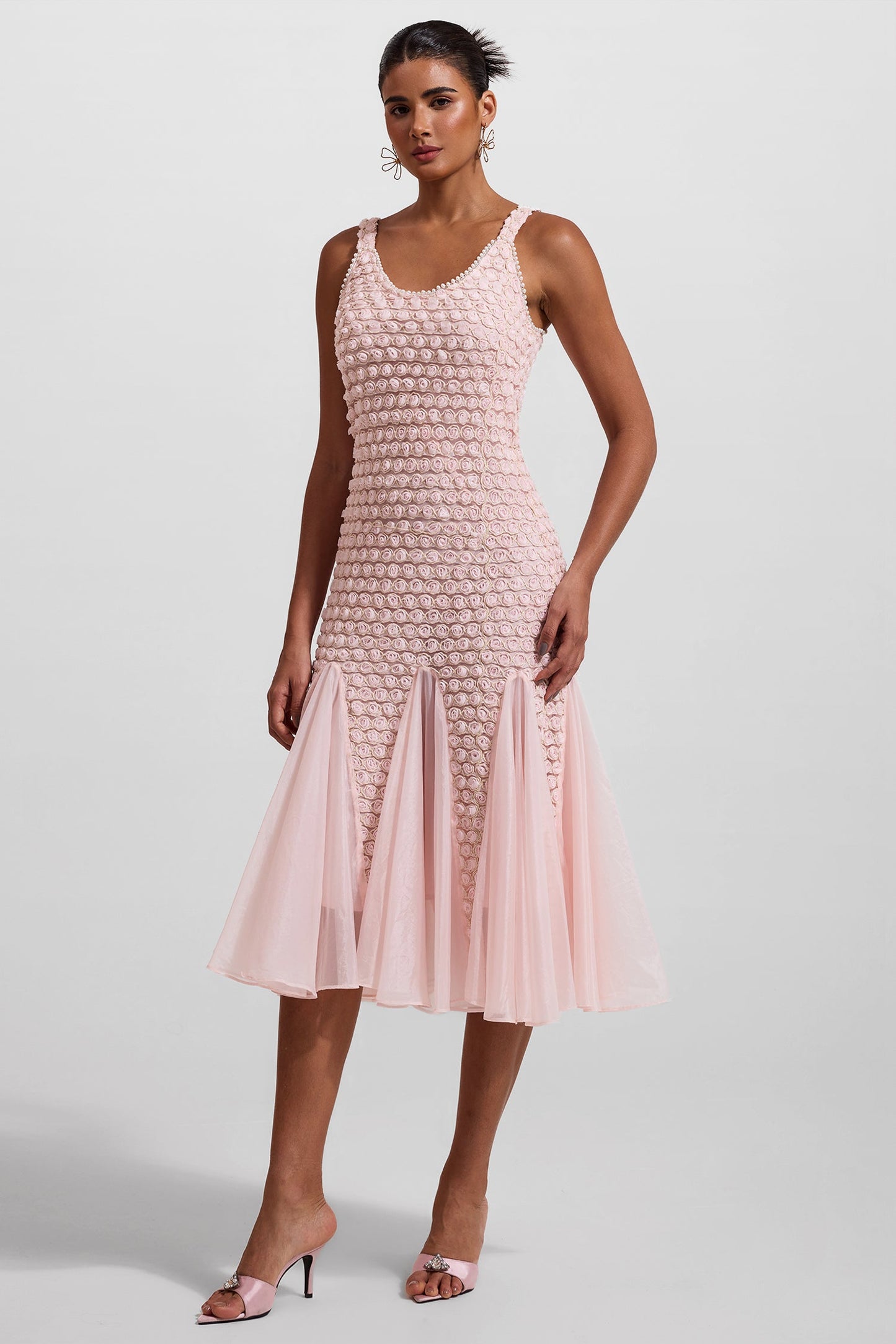 Embroidered Splicing Sleeveless Midi Dress