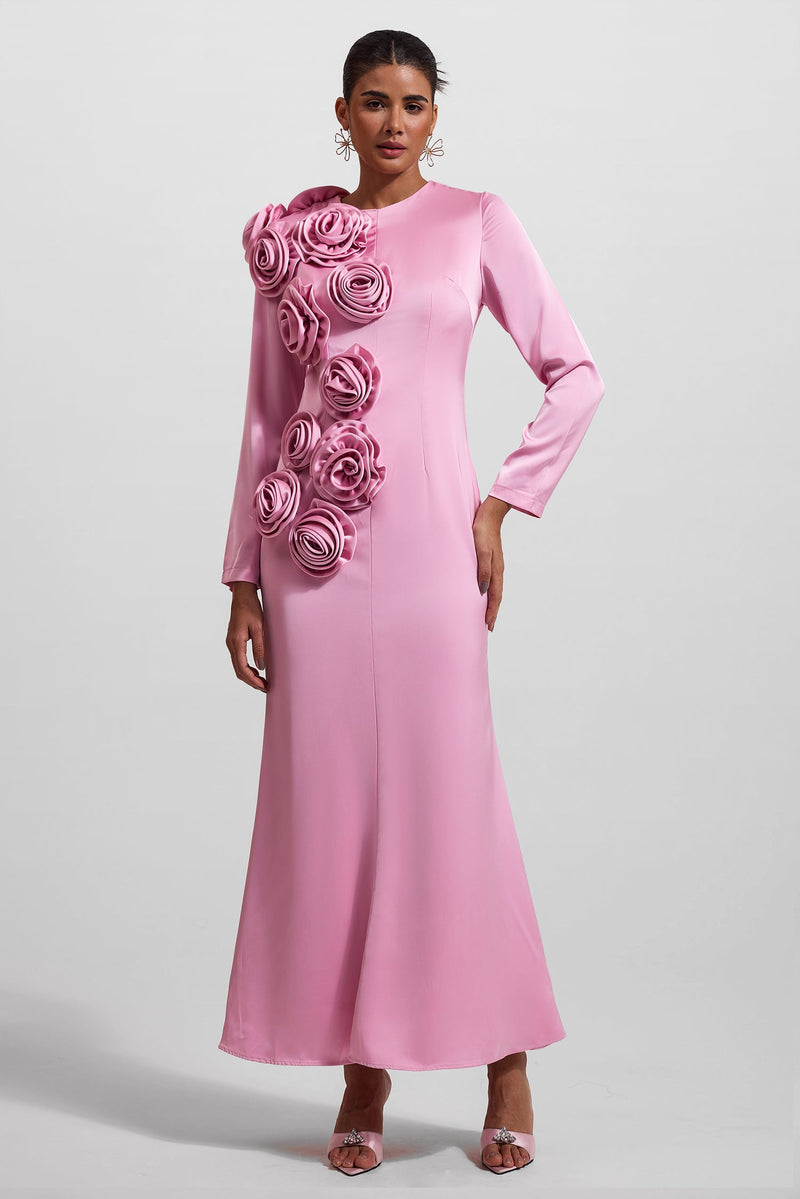 3d Satin Long Sleeve Midi Dress