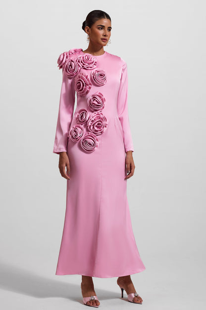 3d Satin Long Sleeve Midi Dress