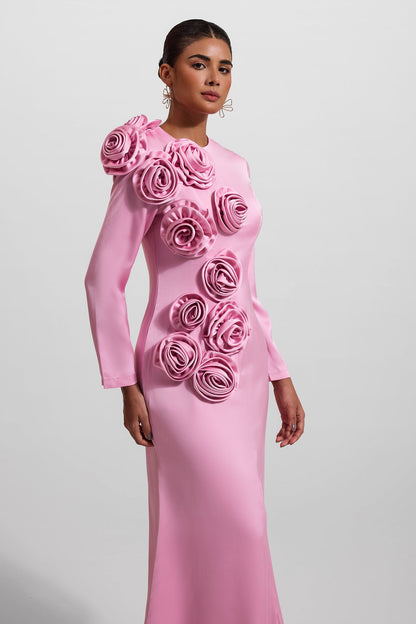 3d Satin Long Sleeve Midi Dress