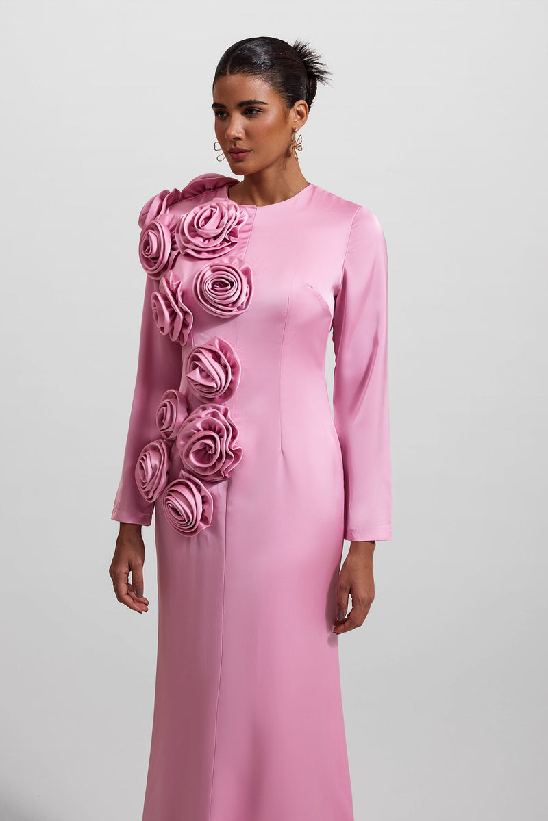 3d Satin Long Sleeve Midi Dress