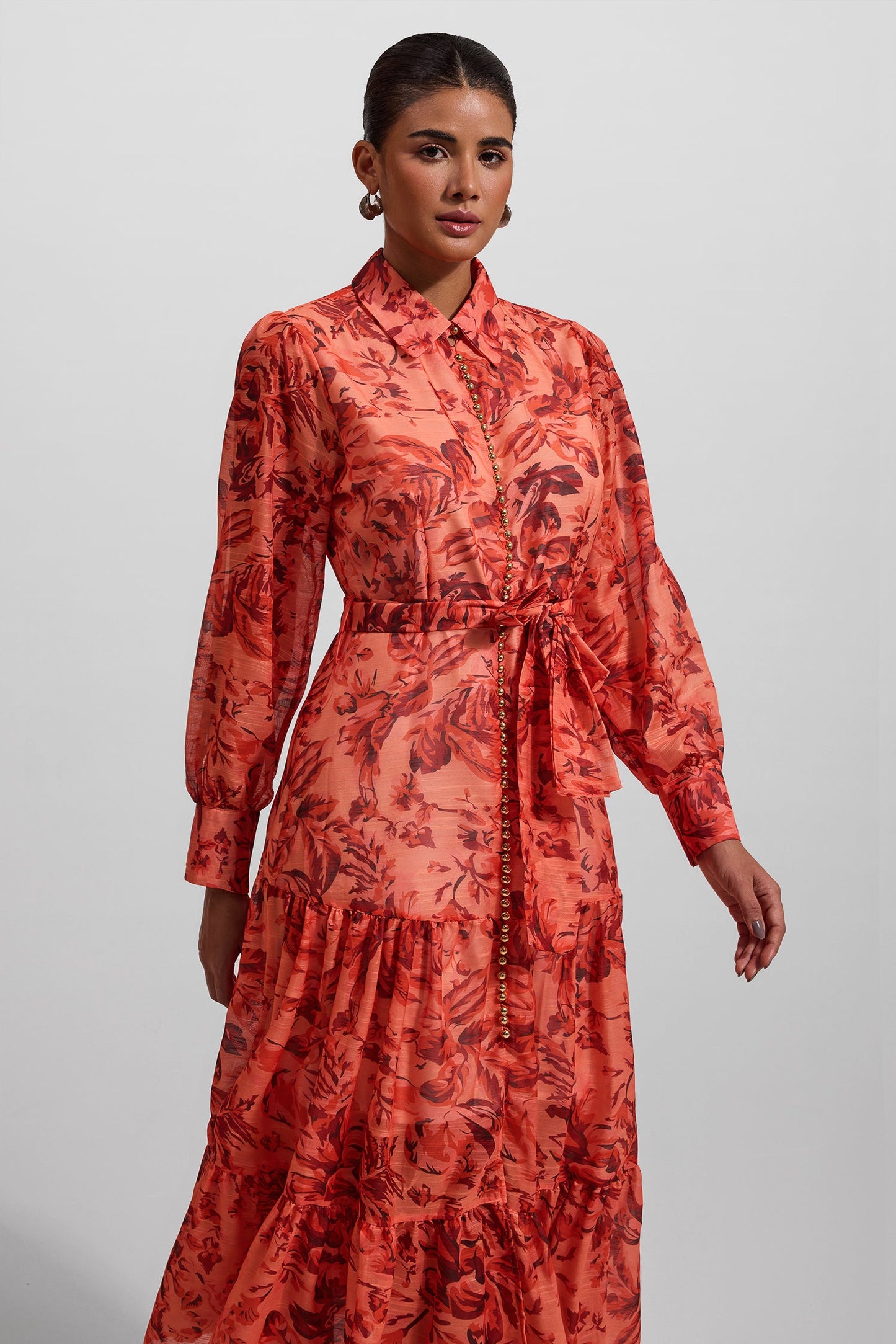Lantern Sleeve Metal Bottom Midi Dress With Belt