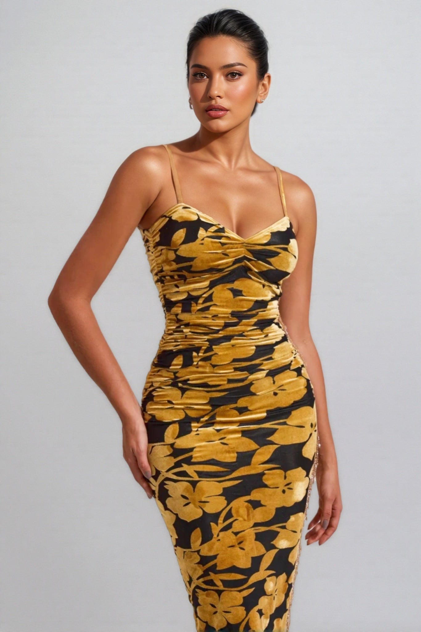 Seraphina Velvet Ruched Slip Midi Dress