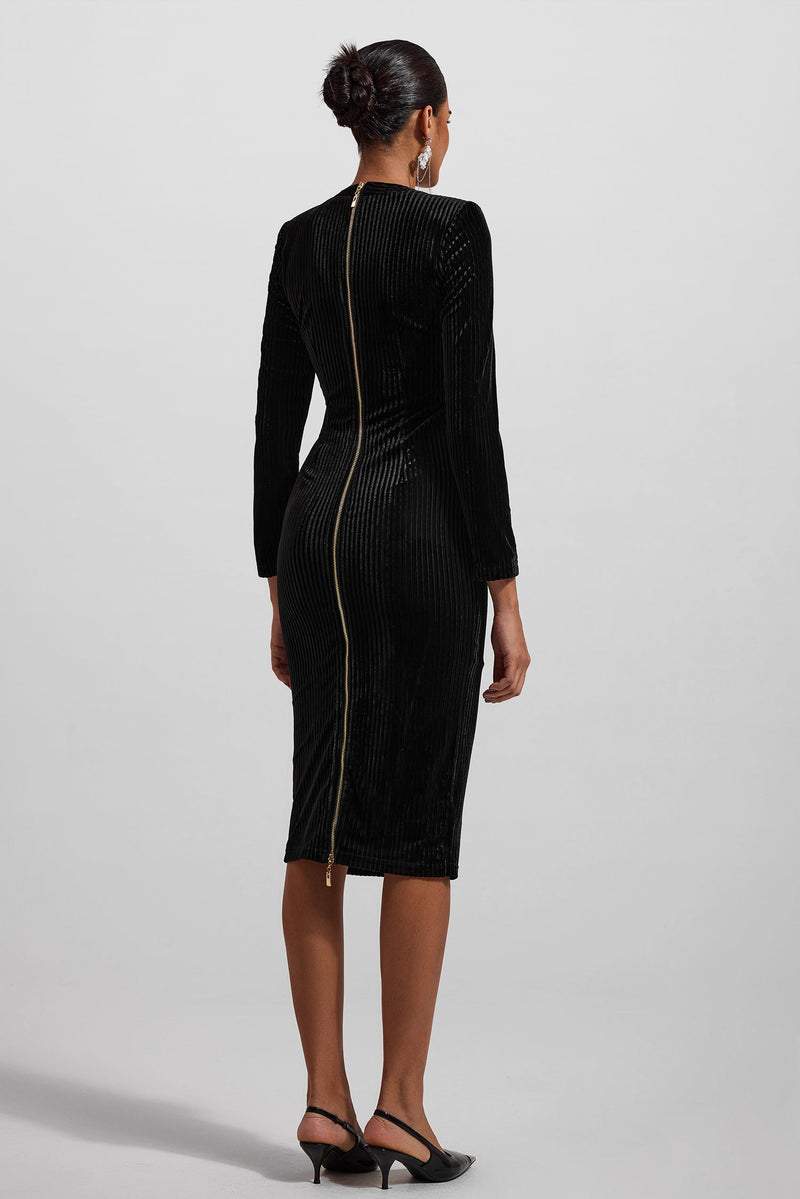 Velvet V-neck Metal Button Midi Dress