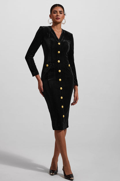 Velvet V-neck Metal Button Midi Dress