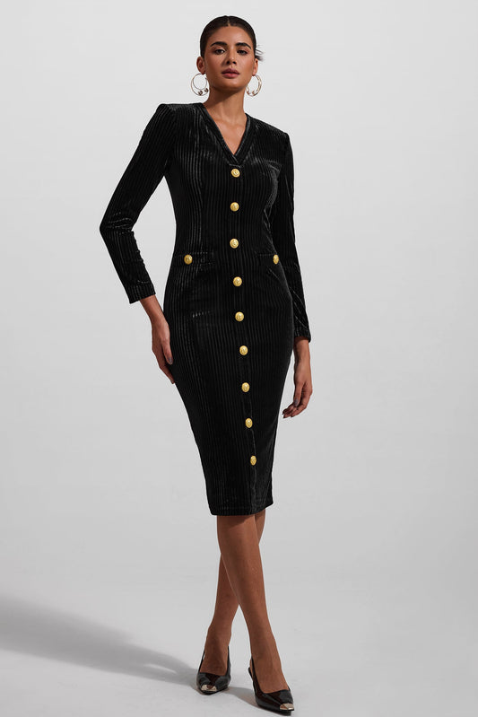 Velvet V-neck Metal Button Midi Dress