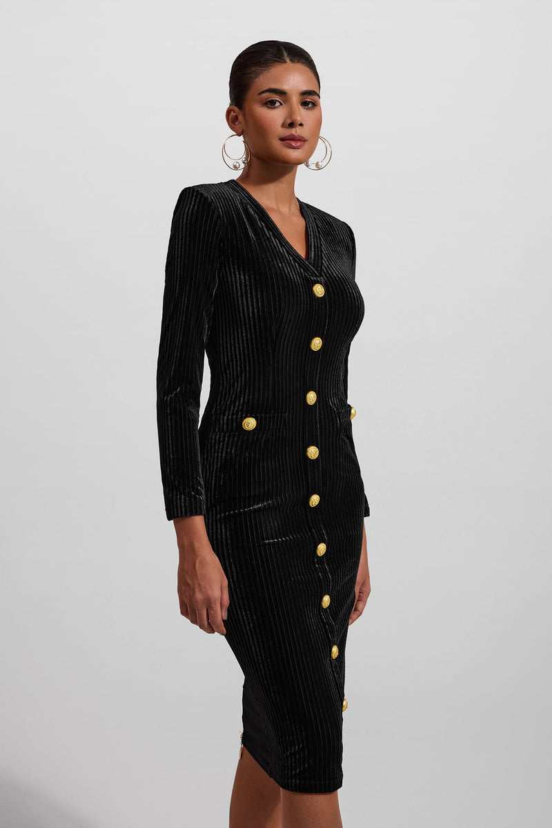 Velvet V-neck Metal Button Midi Dress