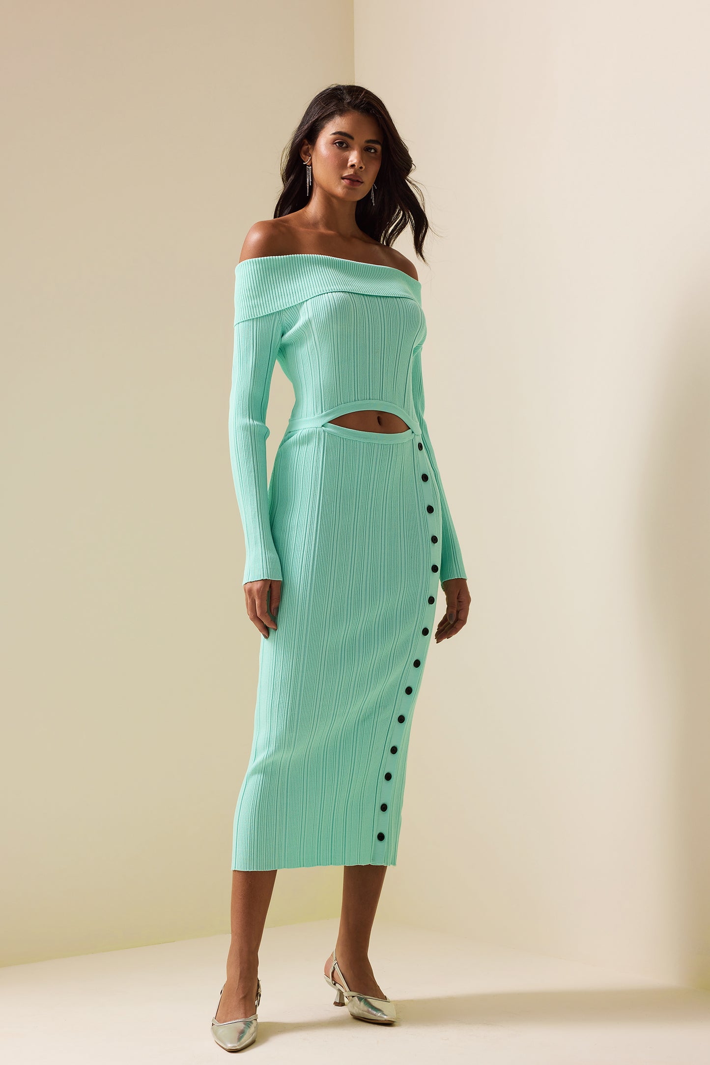 Knit Cut-out Long Sleeve Midi Dress