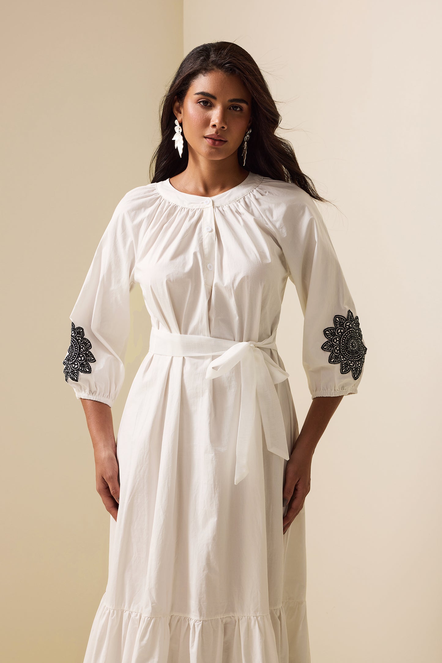 Embroidered Raglan Sleeve Midi Dress With Belt