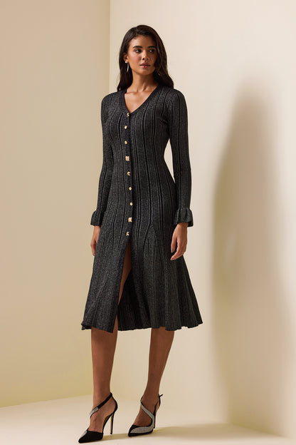 Lurex Metal Button Long Sleeve Midi Dress