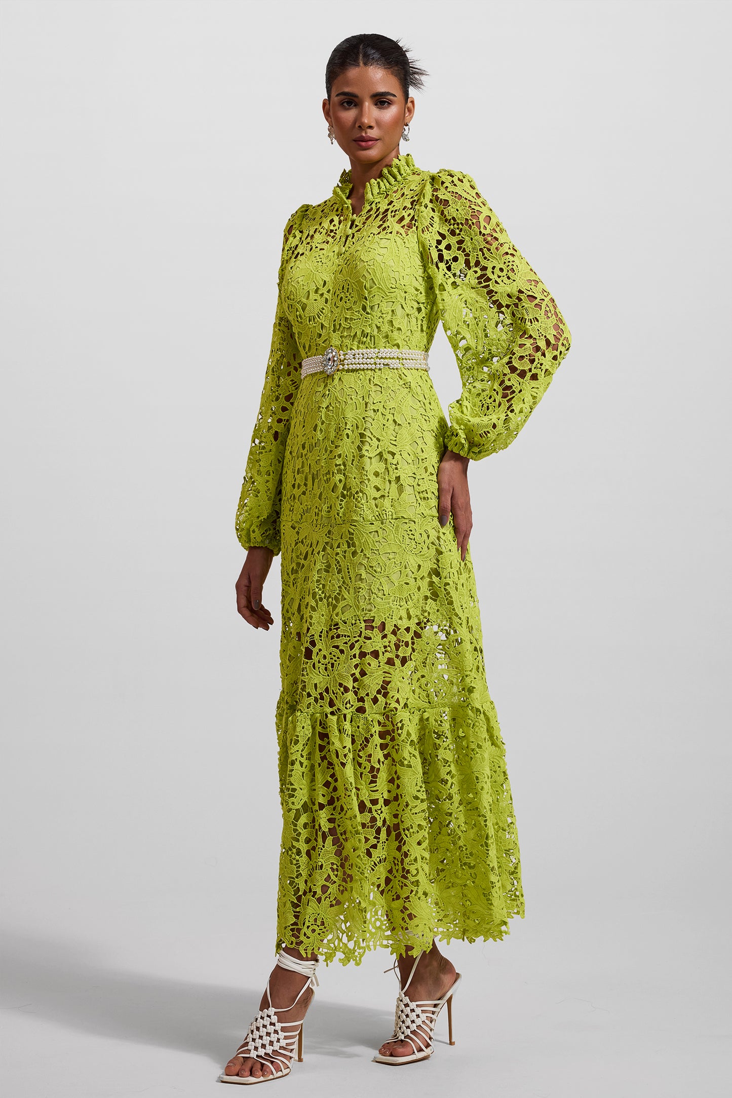 Lace Embroidered Long Sleeve Midi Dress Green