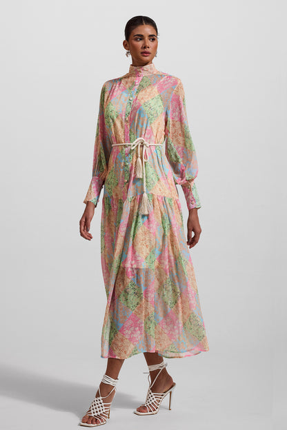 Lantern Sleeve Stand Collar Midi Dress
