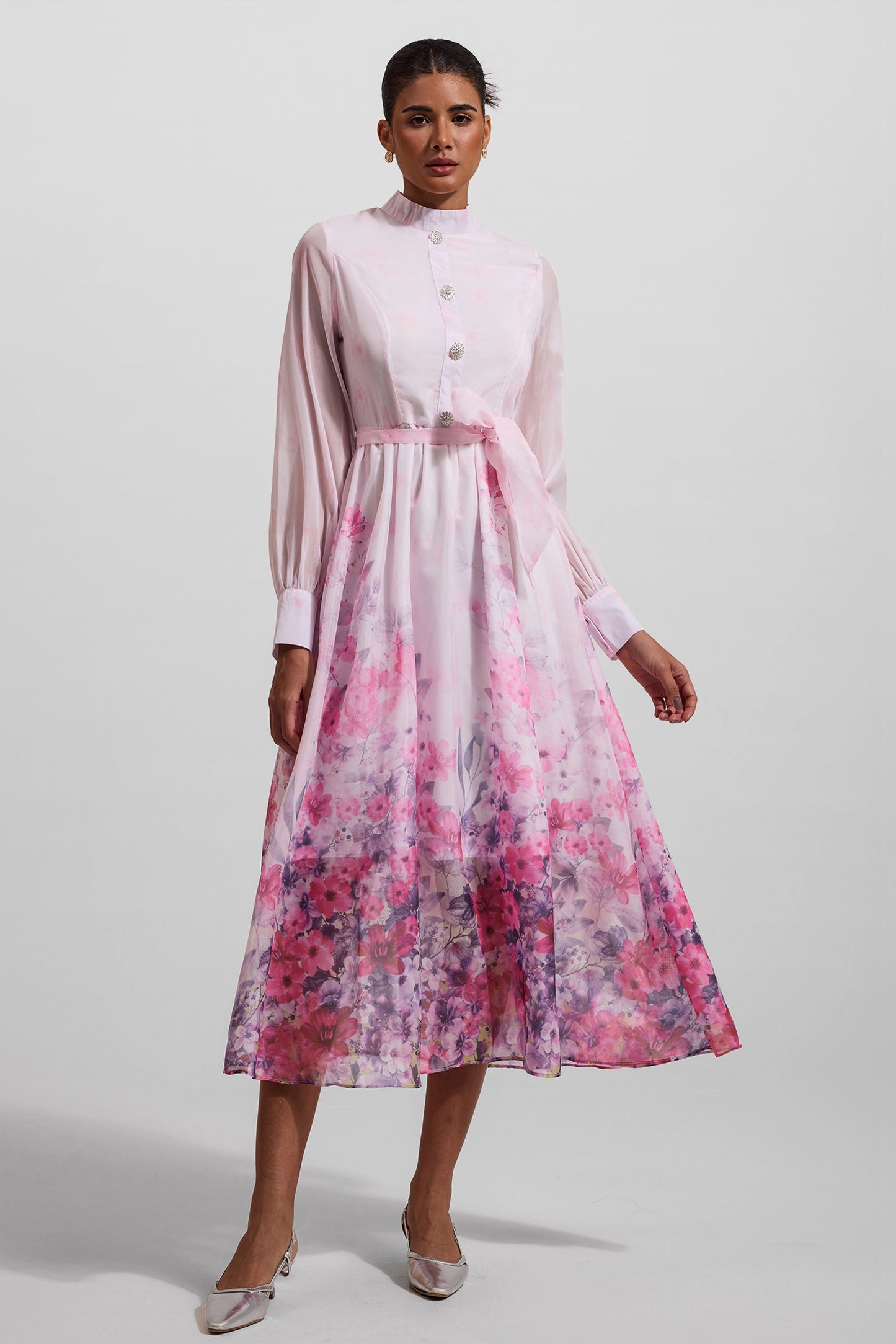 Lantern Sleeve Midi Dress With Belt