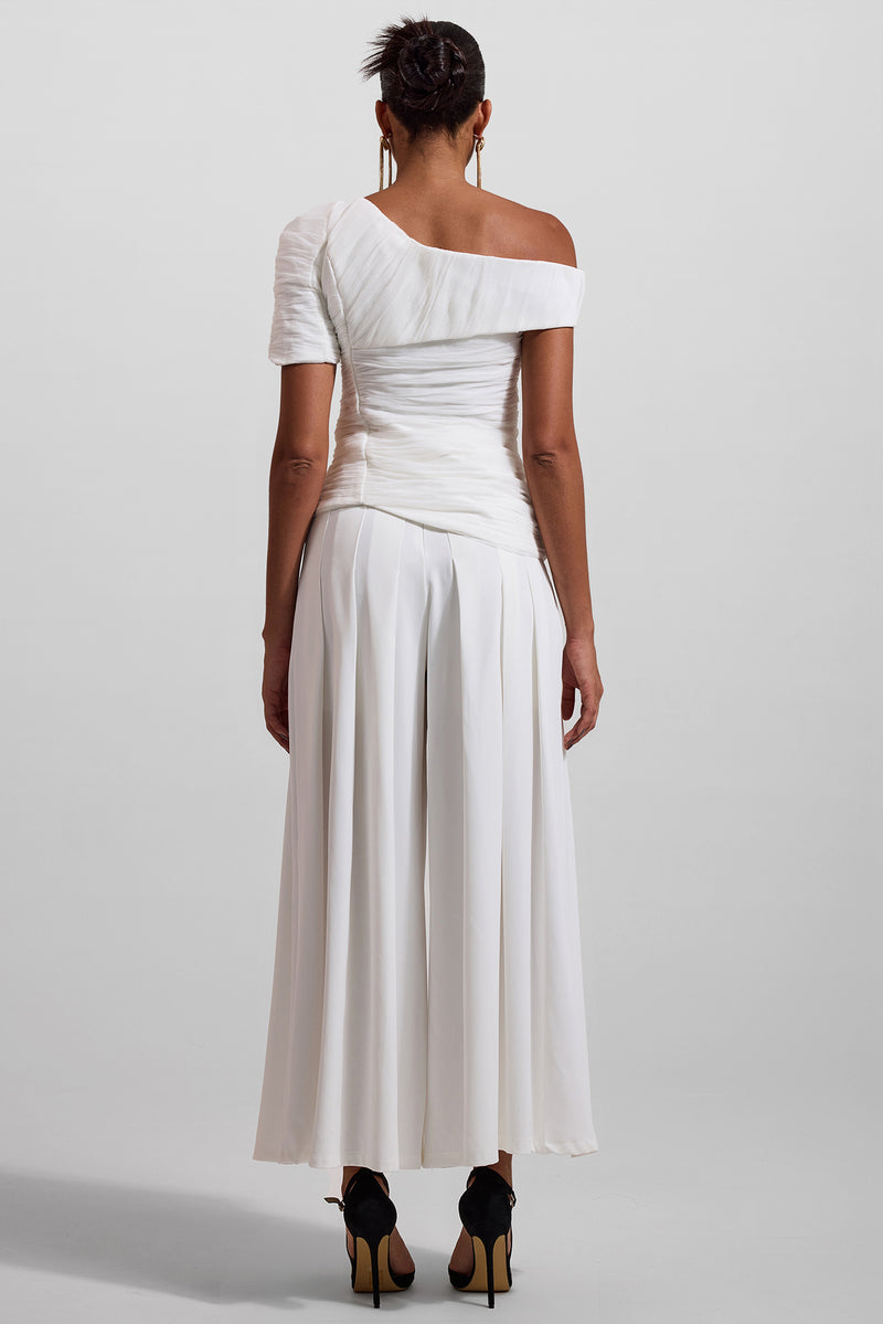 Pleated Off-shoulder Top �?high Waist Wide Leg Pants Set