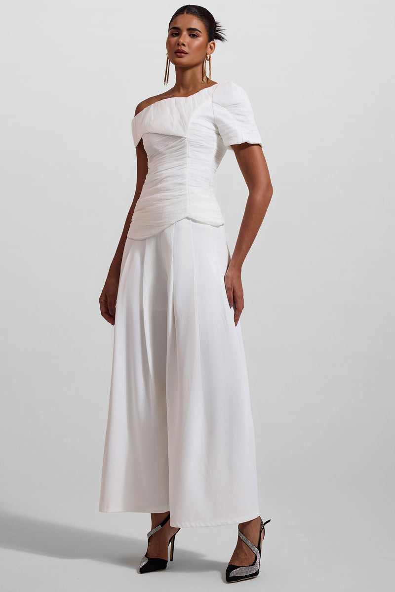 Pleated Off-shoulder Top �?high Waist Wide Leg Pants Set