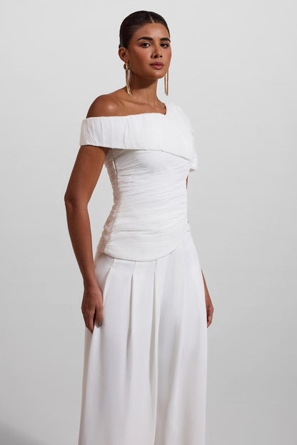 Pleated Off-shoulder Top �?high Waist Wide Leg Pants Set