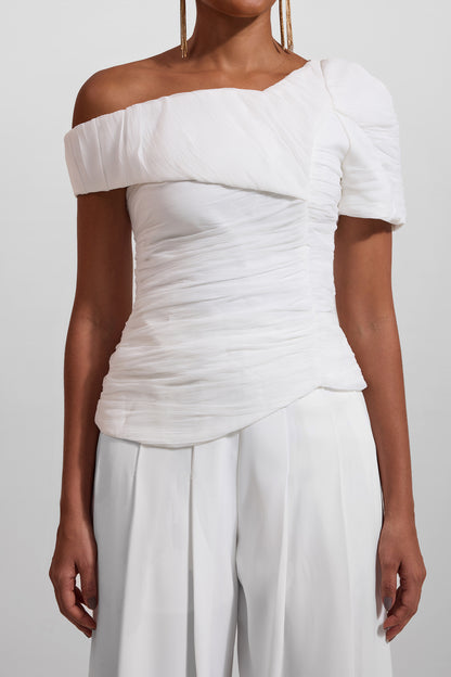 Pleated Off-shoulder Top �?high Waist Wide Leg Pants Set